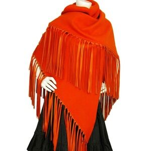 Hermes Orange Cashmere and Lambskin Fringe Scarf Shawl